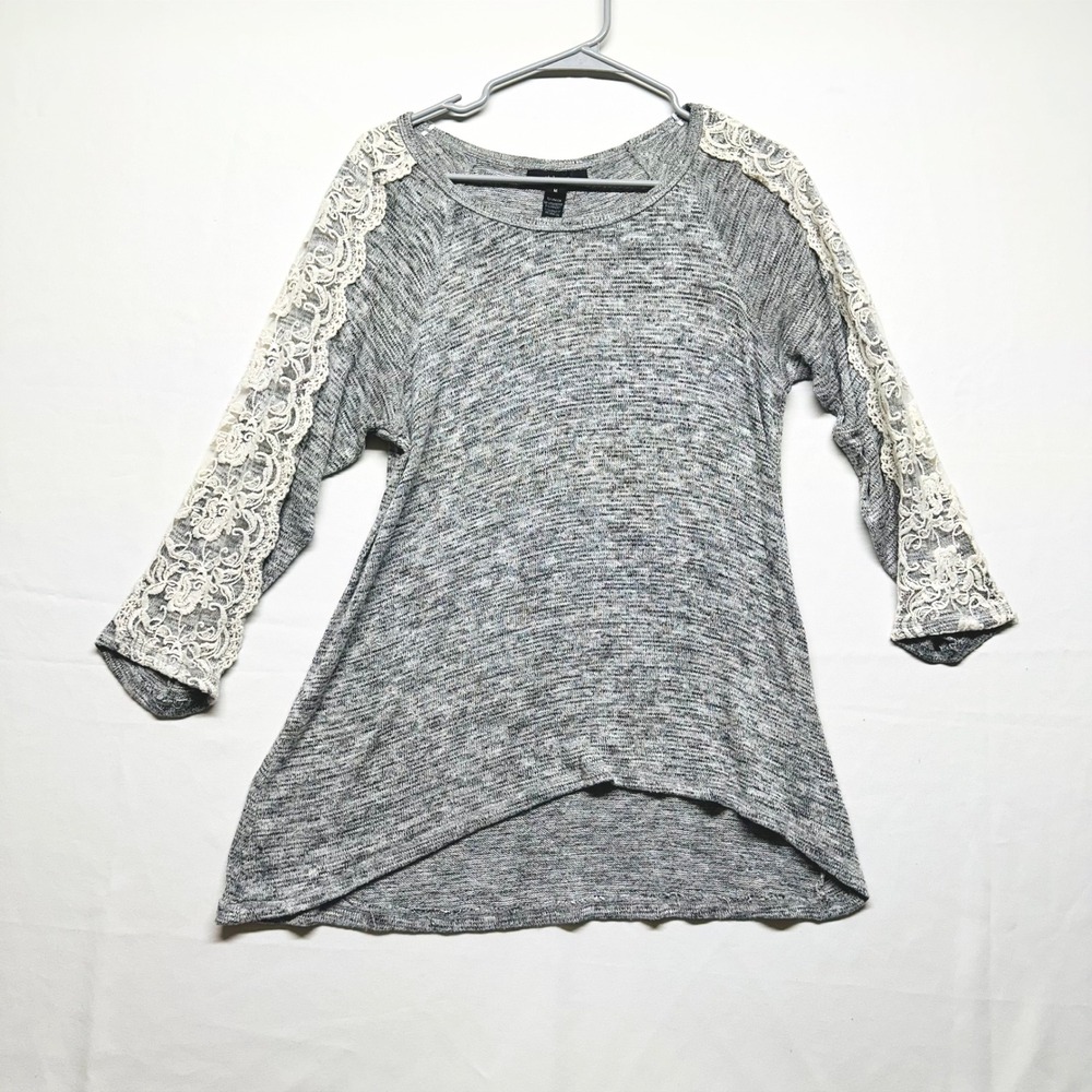 Style & Co Long Sleeve‎ Lace Applique Lightweight Gray Sweater Tunic Women's M